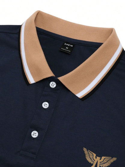 Manfinity Homme Men Wings Print Contrast Collar Polo Shirt , Graphic Color Block Dark Blue Polo Shirt , Work Fashion Dad and Me