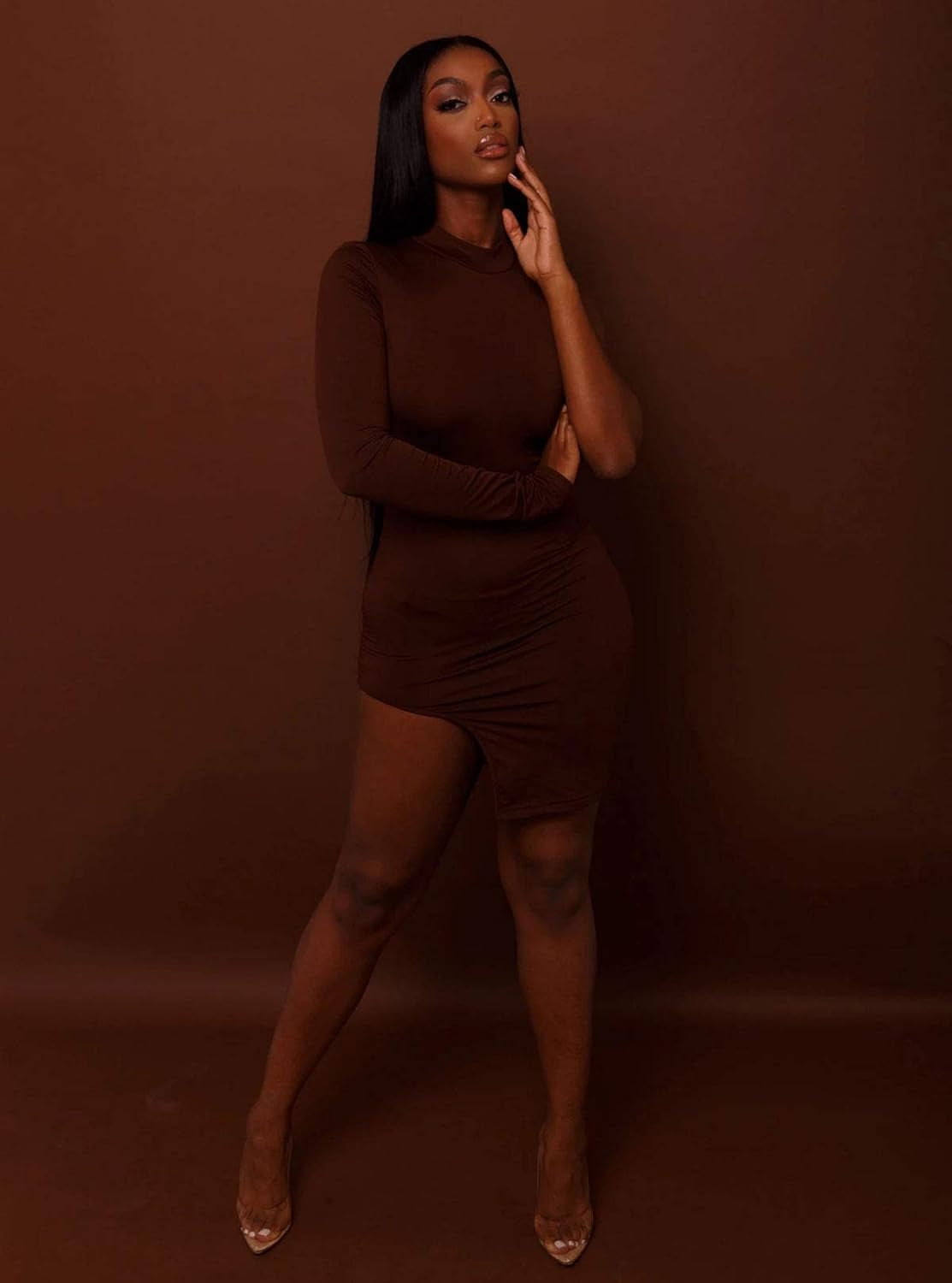 Elegant One-Shoulder Long Sleeve Bodycon Dress with Side Slit for Parties and Clubwear