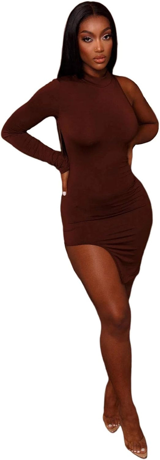 Elegant One-Shoulder Long Sleeve Bodycon Dress with Side Slit for Parties and Clubwear